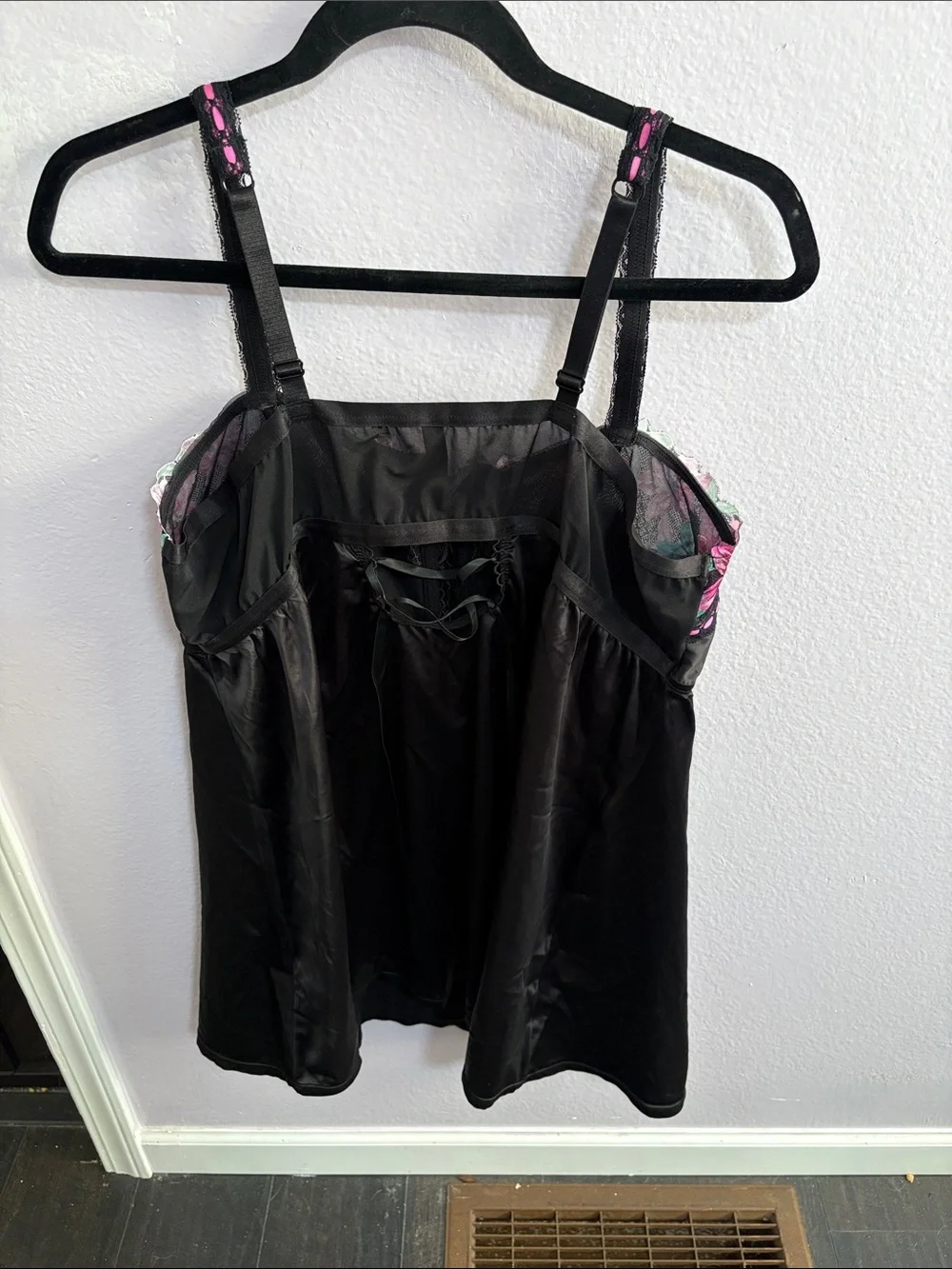 torrid Black Satin Slip Dress with Pink & Teal Floral Embroidery